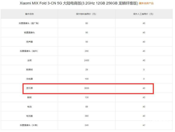 小米MIX Fold3维修价格表 官方换屏幕电池等价格公布